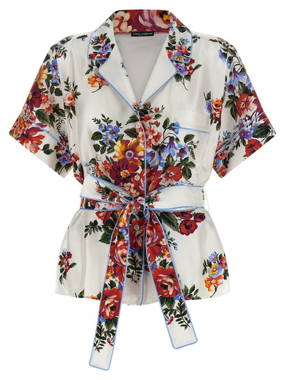 Blouse by Dolce & Gabbana for women in silk twill pearl, white, floral & print features an polished silhouette, showcasing a sophisticated lapel neckline and detail for a truly polished finish.