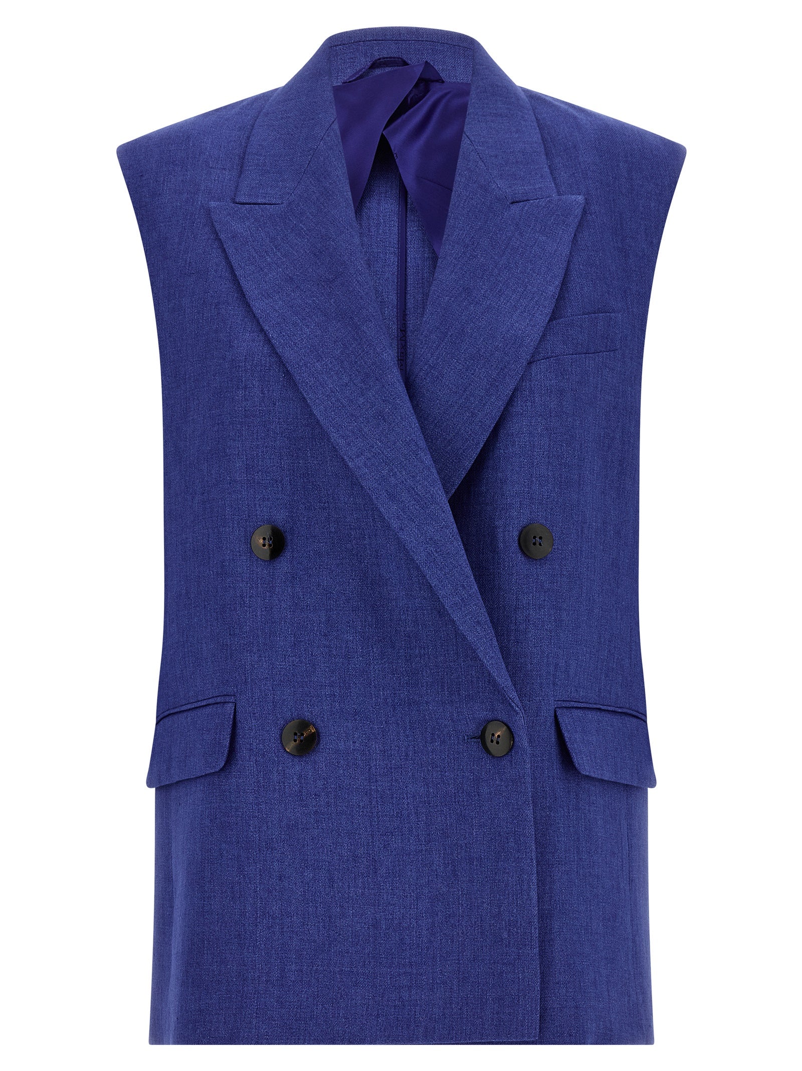 Vest by Max Mara for women in viscose linen & cupro blue & horn features an on trend silhouette, showcasing a sophisticated split neckline and premium pockets for a truly on trend finish.