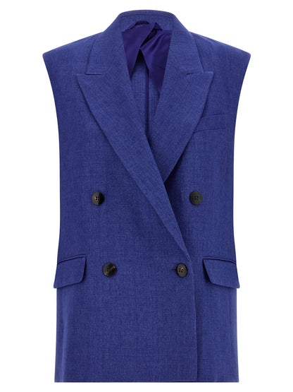 Vest by Max Mara for women in viscose linen & cupro blue & horn features an on trend silhouette, showcasing a sophisticated split neckline and premium pockets for a truly on trend finish.