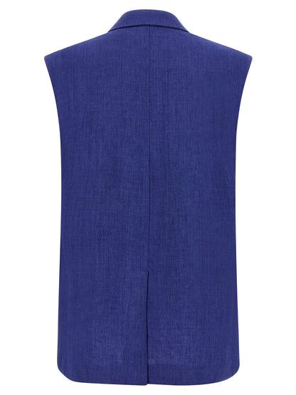 Vest by Max Mara for women in viscose linen & cupro blue & horn features an contemporary silhouette, showcasing refined pockets and a contemporary split neckline for a sophisticated layered look.