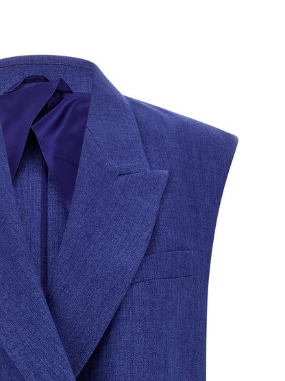 Vest by Max Mara for women in viscose linen & cupro blue & horn features a chic silhouette, expertly detailed with a refined split neckline and premium pockets for a truly chic look.