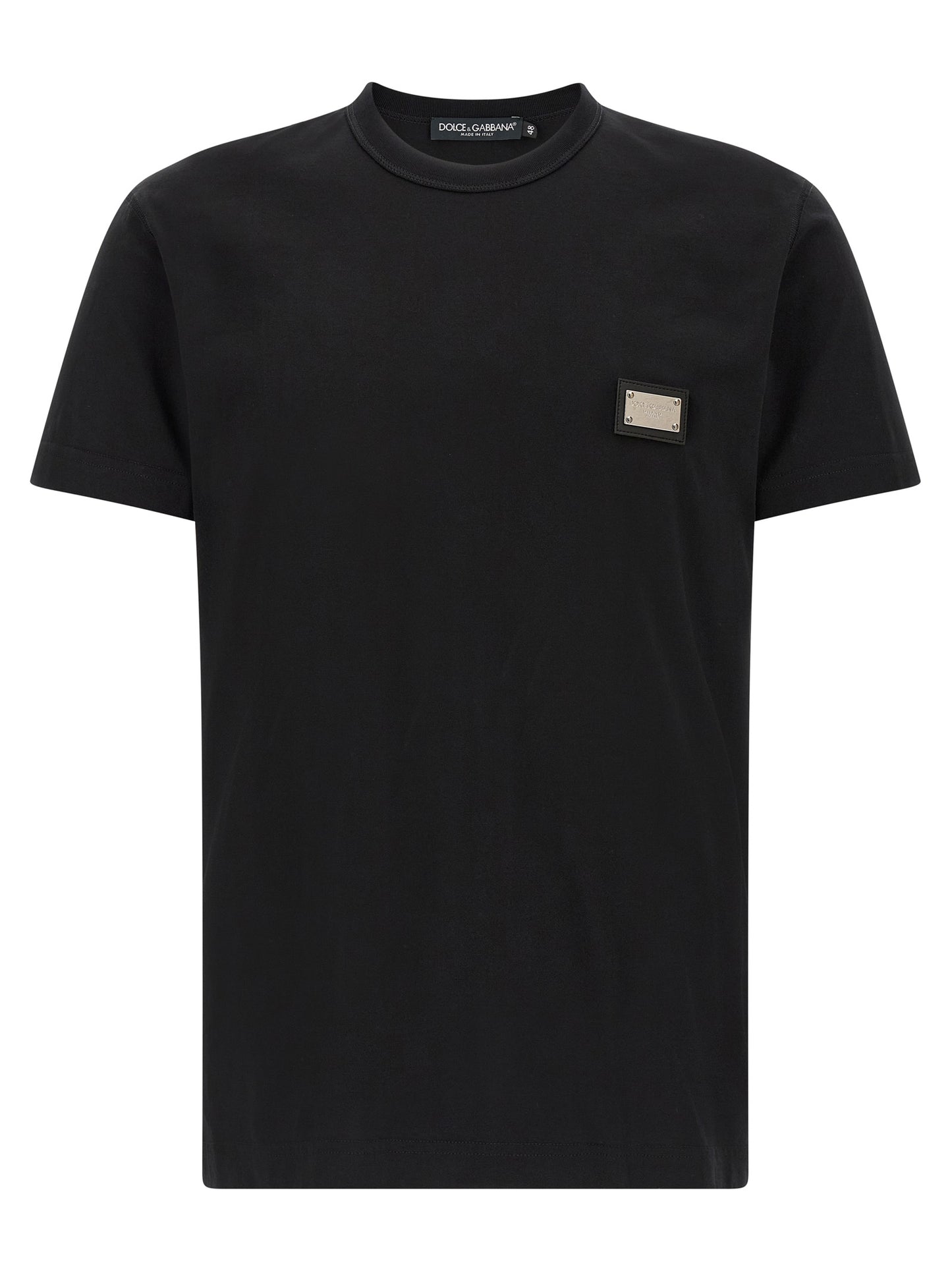 T-Shirt by Dolce & Gabbana for men in leather & cotton black showcases a unassuming silhouette, artfully detailed with a refined crew neckline and unassuming short-sleeve for a sophisticated, contemporary look.