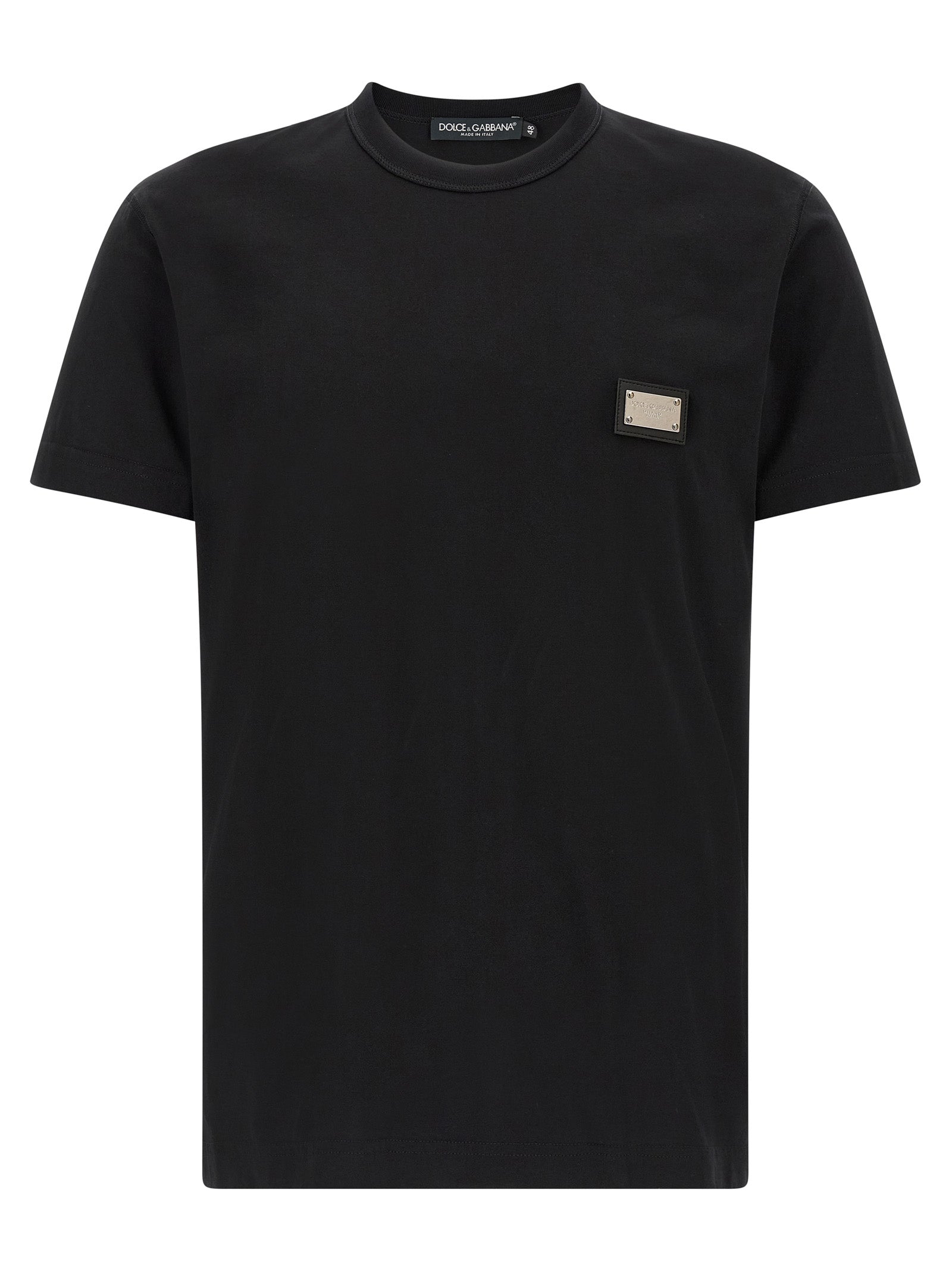 T-Shirt by Dolce & Gabbana for men in leather & cotton black showcases a unassuming silhouette, artfully detailed with a refined crew neckline and unassuming short-sleeve for a sophisticated, contemporary look.
