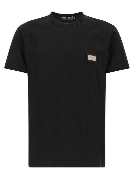 T-Shirt by Dolce & Gabbana for men in leather & cotton black showcases a unassuming silhouette, artfully detailed with a refined crew neckline and unassuming short-sleeve for a sophisticated, contemporary look.