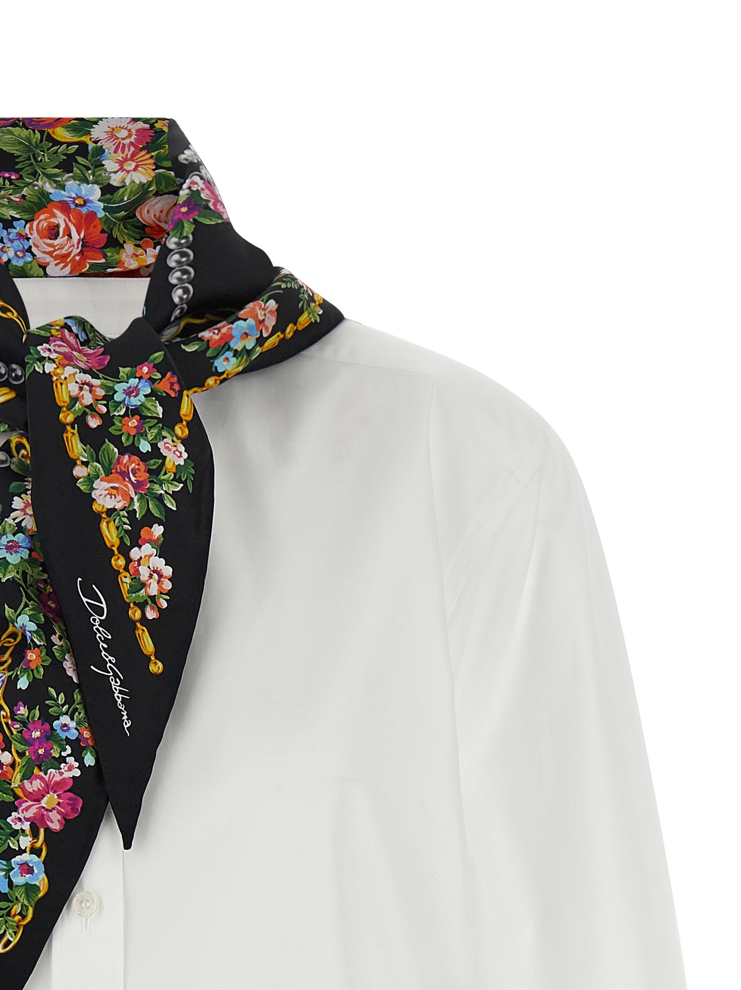Blouse by Dolce & Gabbana for women in cotton & silk pearl, white & patterned showcases a sharp silhouette, elegantly detailed with a sharp mandarin neckline and sharp .