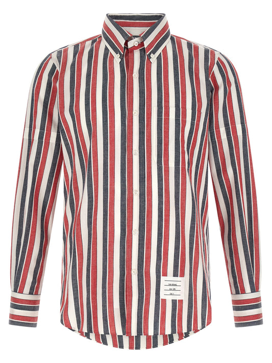 Shirt by Thom Browne for men in cotton multicolor, pearl, madras & striped showcases a sharp silhouette, elegantly detailed with a sharp and sharp long-sleeve.