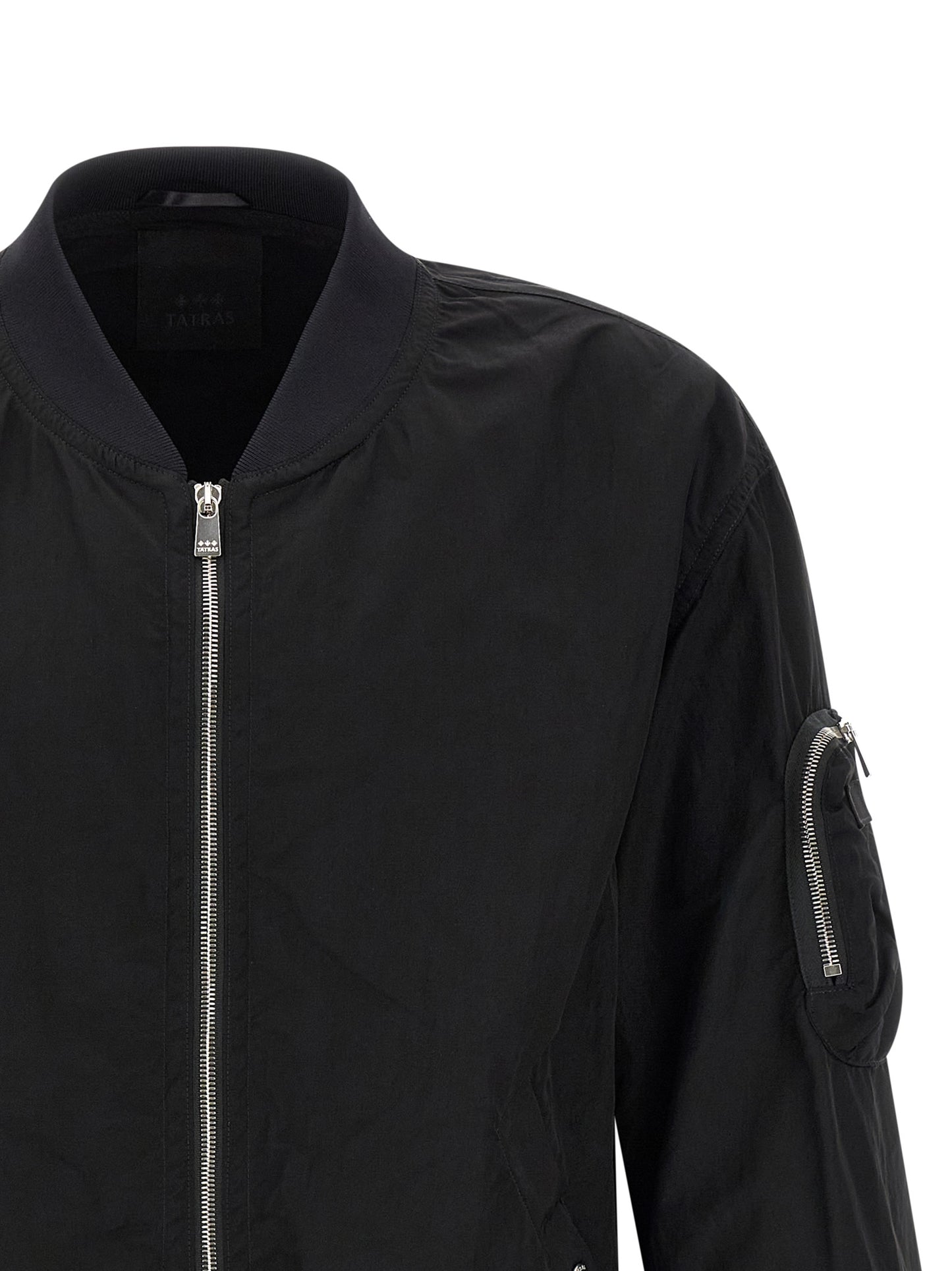 Bomber Jacket by Tatras for men in nylon fabric black showcases a bohemian silhouette, artfully detailed with a bohemian high-neck neckline and signature for a truly bohemian finish.