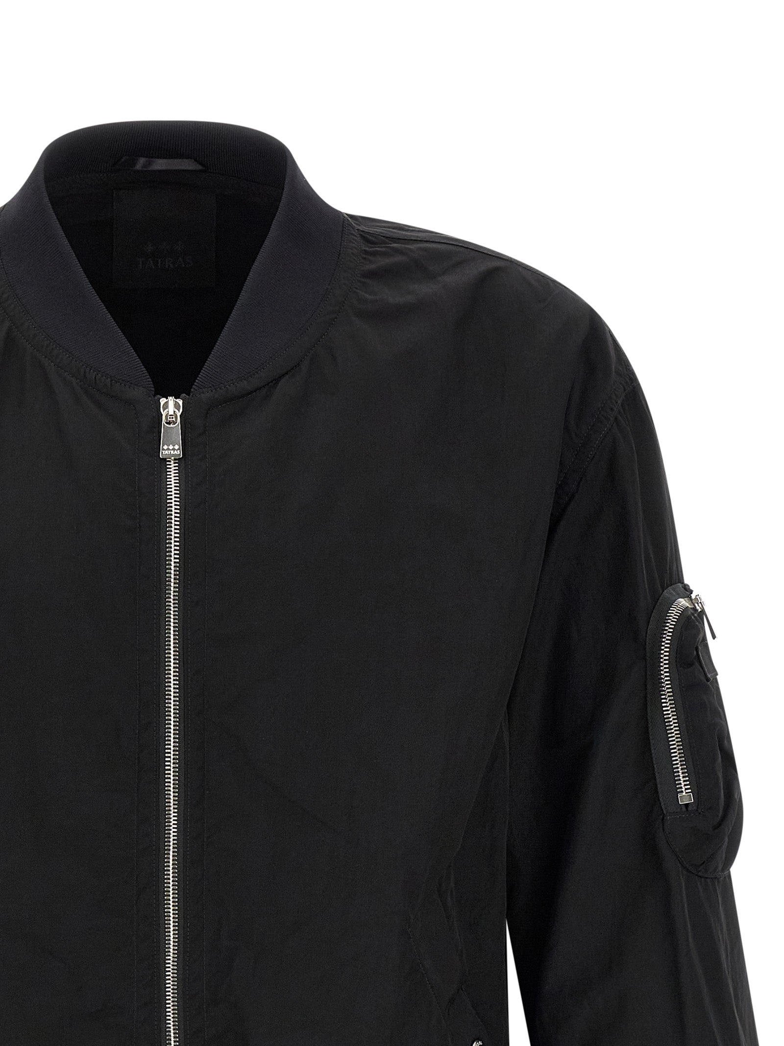 Bomber Jacket by Tatras for men in nylon fabric black showcases a bohemian silhouette, artfully detailed with a bohemian high-neck neckline and signature for a truly bohemian finish.