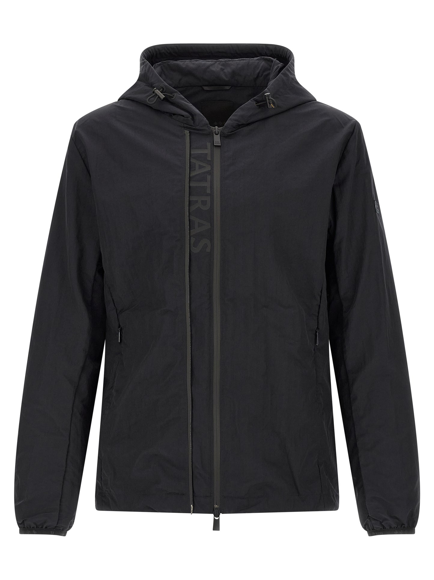 Hooded Windbreaker Jacket by Tatras for men in nylon fabric black & print features an stylish silhouette, showcasing a sophisticated hooded neckline and performance-driven pockets, hooded & windproof for a premium, stylish look.