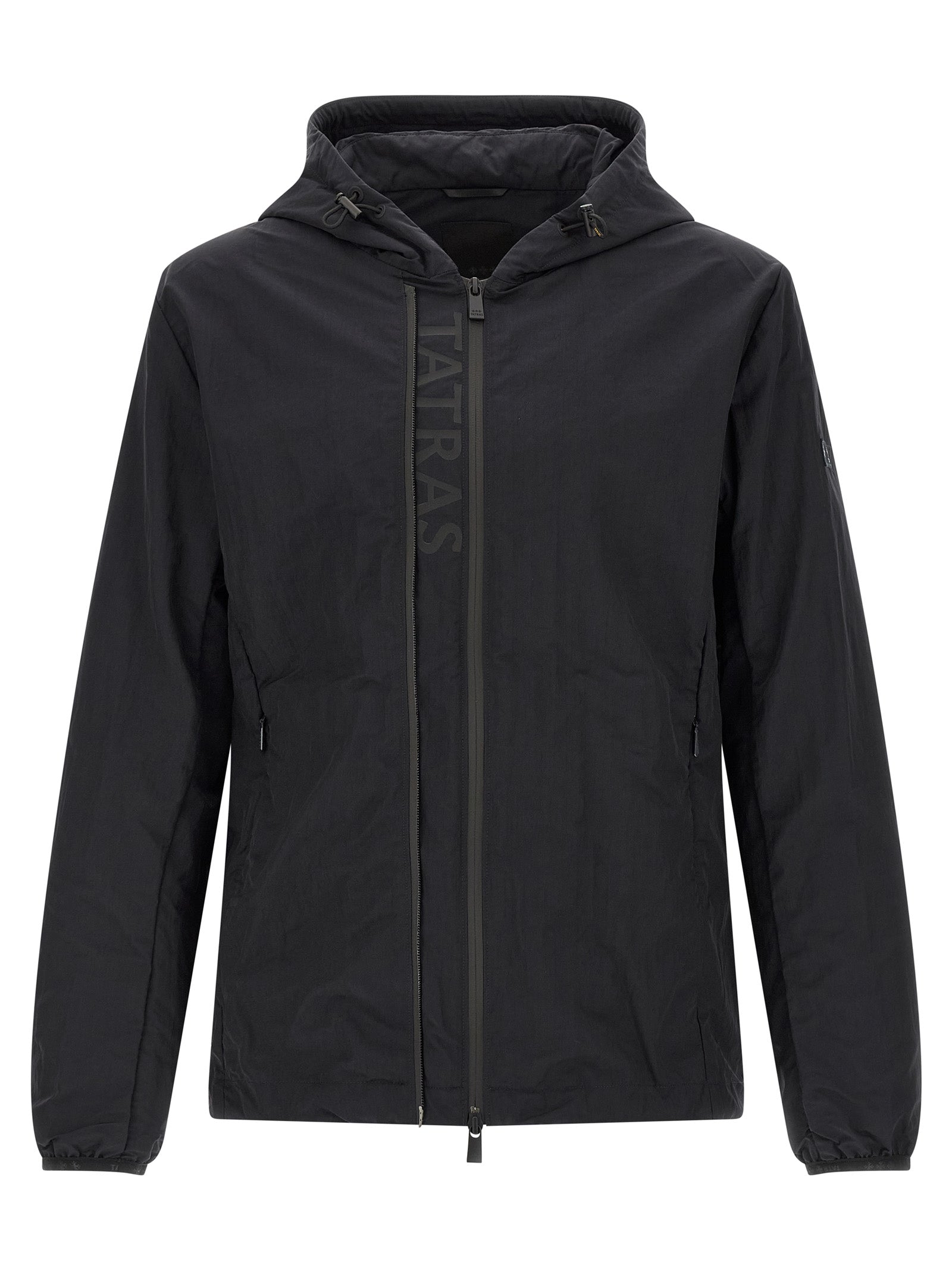 Hooded Windbreaker Jacket by Tatras for men in nylon fabric black & print features an stylish silhouette, showcasing a sophisticated hooded neckline and performance-driven pockets, hooded & windproof for a premium, stylish look.