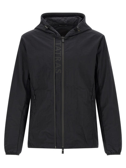 Hooded Windbreaker Jacket by Tatras for men in nylon fabric black & print features an stylish silhouette, showcasing a sophisticated hooded neckline and performance-driven pockets, hooded & windproof for a premium, stylish look.