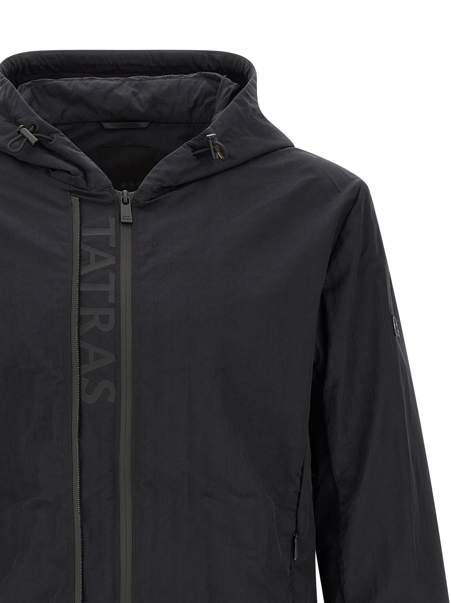 Hooded Windbreaker Jacket by Tatras for men in nylon fabric black & print features an magnificent silhouette, showcasing the sophisticated hooded neckline and functional pockets, hooded & windproof for a premium, magnificent look.