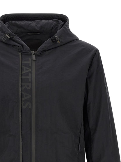 Hooded Windbreaker Jacket by Tatras for men in nylon fabric black & print features an magnificent silhouette, showcasing the sophisticated hooded neckline and functional pockets, hooded & windproof for a premium, magnificent look.