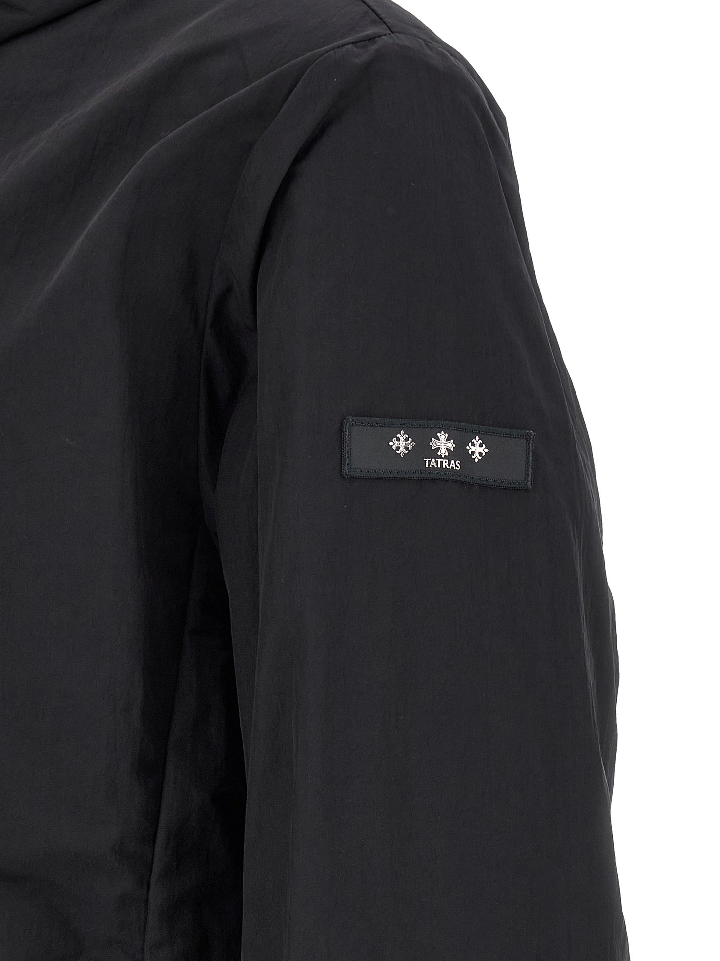 Hooded Windbreaker Jacket by Tatras for men in nylon fabric black & print presents a resilient silhouette, artfully detailed with a sophisticated and functional pockets, hooded & windproof for a resilient finish.
