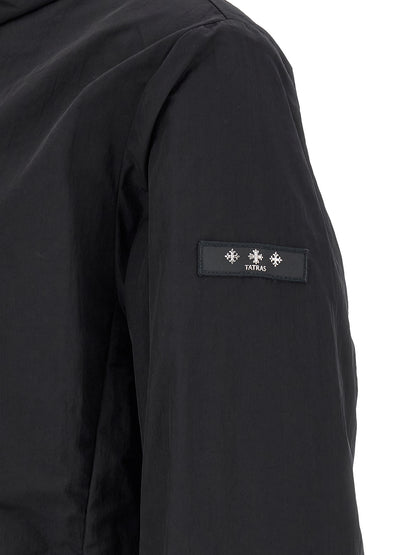 Hooded Windbreaker Jacket by Tatras for men in nylon fabric black & print presents a resilient silhouette, artfully detailed with a sophisticated and functional pockets, hooded & windproof for a resilient finish.