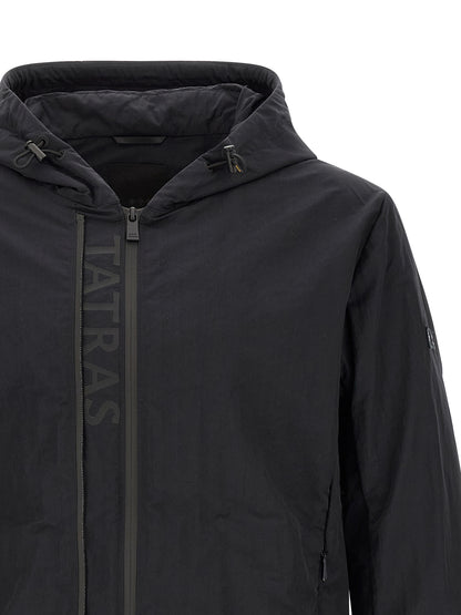 Hooded Windbreaker Jacket by Tatras for men in nylon blue & print presents a resilient silhouette, artfully detailed with a sophisticated hooded neckline and functional pockets, hooded & windproof for a resilient finish.