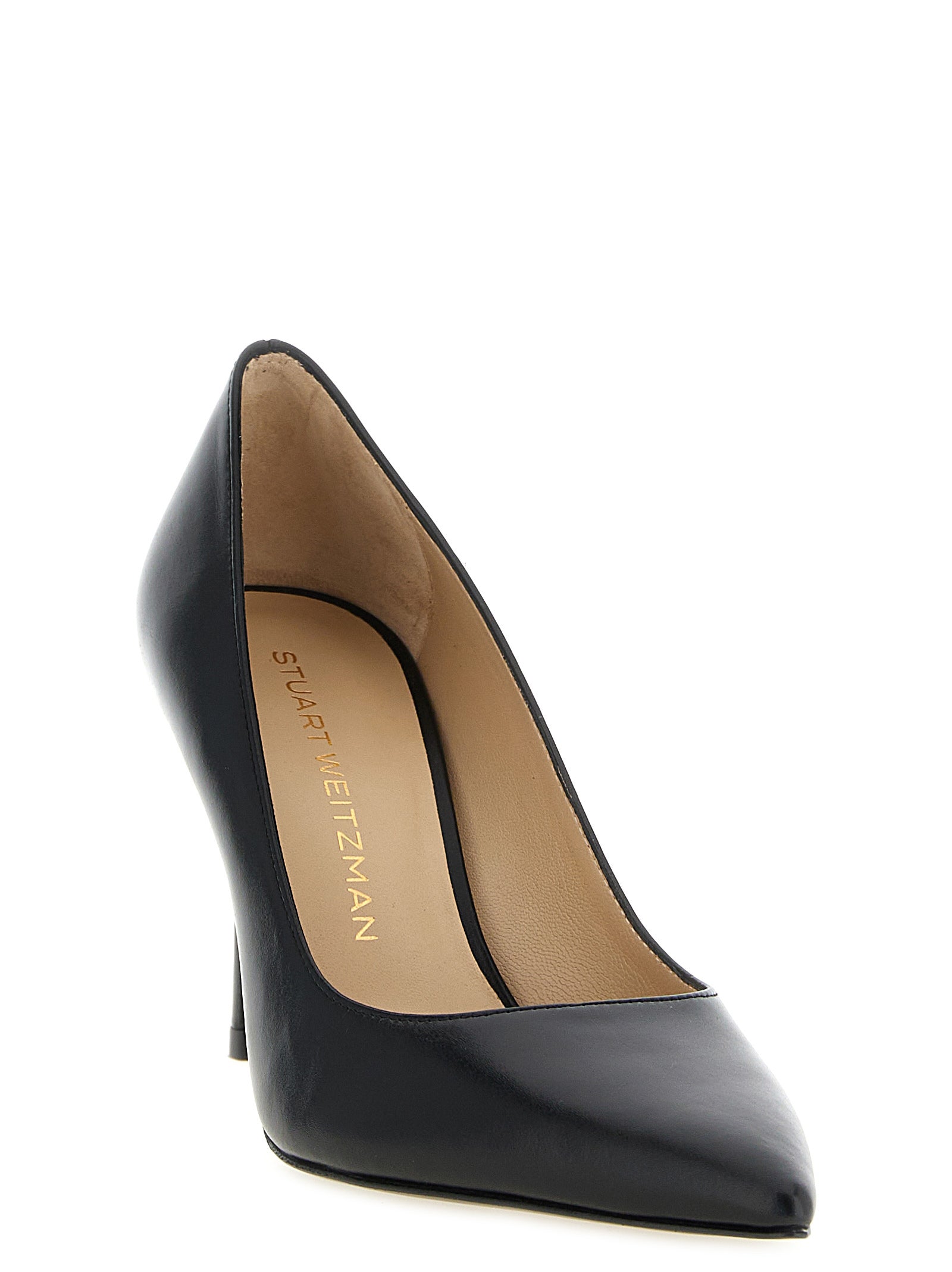 High-Heel Pumps Heels by Stuart Weitzman for women in bos taurus calfskin leather and black showcases a effortlessly elegant silhouette as Women's Bos Taurus Calfskin Leather High-Heel Pumps Heels, featuring a effortlessly elegant high-heel and a effortlessly elegant pointed toe style for an elegant look.