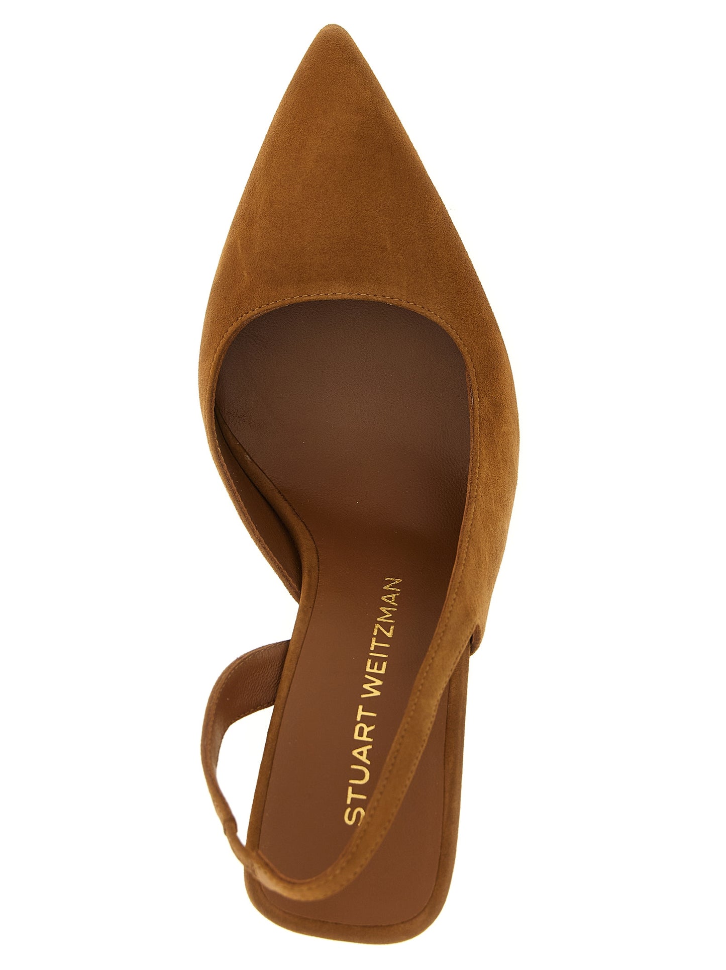 High-Heel Stiletto Slingback Pumps Heels by Stuart Weitzman for women in suede goatskin leather brown features an captivating silhouette, showcasing the elegant Women's Suede Goatskin Leather High-Heel Stiletto Slingback Pumps Heels design with a stiletto high-heel and a sophisticated .