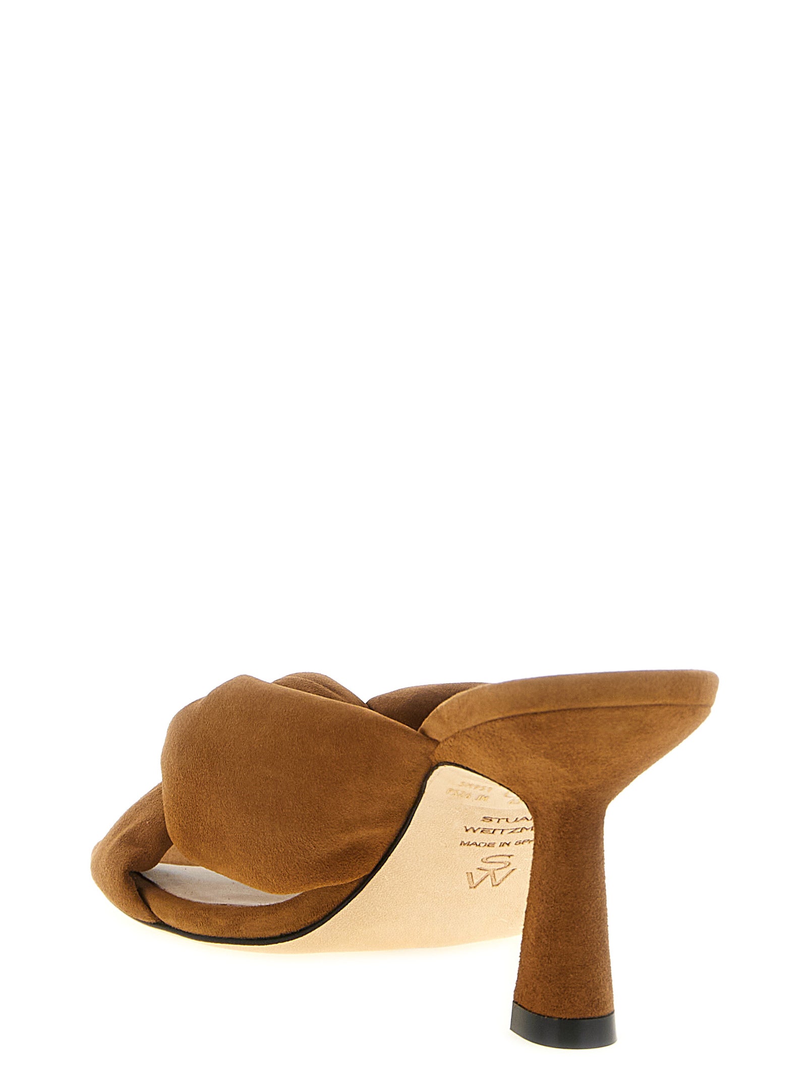 Stiletto Slider Sandals by Stuart Weitzman for women in polyethylene polyurethane suede leather and brown presents a captivating silhouette, showcasing the signature style of the Women's Polyethylene Polyurethane Suede Leather Stiletto Slider Sandals with a captivating stiletto and captivating .