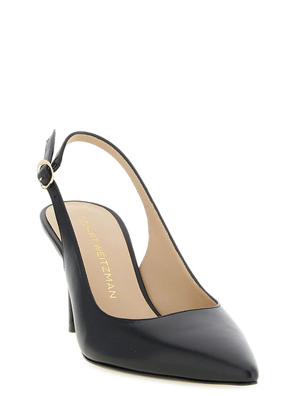 Mid-Heel Stiletto Slingback Pumps Heels by Stuart Weitzman for women in calfskin leather black features a effortless chic silhouette, showcasing the Women's Calfskin Leather Mid-Heel Stiletto Slingback Pumps Heels design with a effortless chic stiletto mid-heel and for a effortless chic finish.