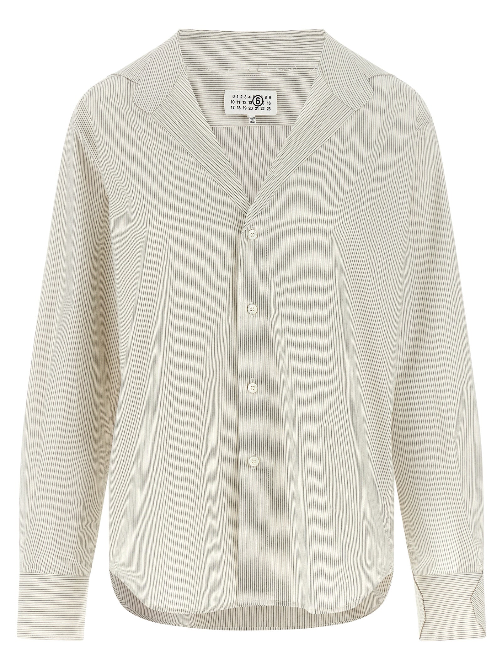 Blouse by MM6 Maison Margiela for women in cotton gray, pearl, white, signature & striped showcases a sharp silhouette, elegantly detailed with a sharp and sharp .