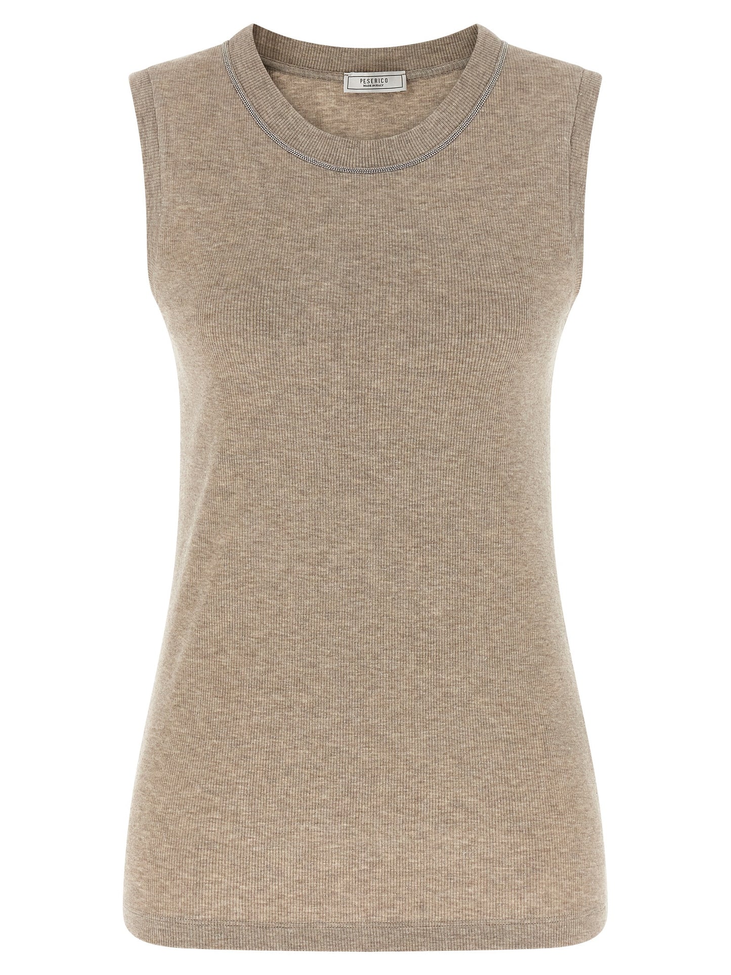 T-Shirt by Peserico for women in viscose beige showcases a unassuming silhouette, artfully detailed with a refined crew neckline and unassuming sleeveless for a sophisticated, contemporary look.