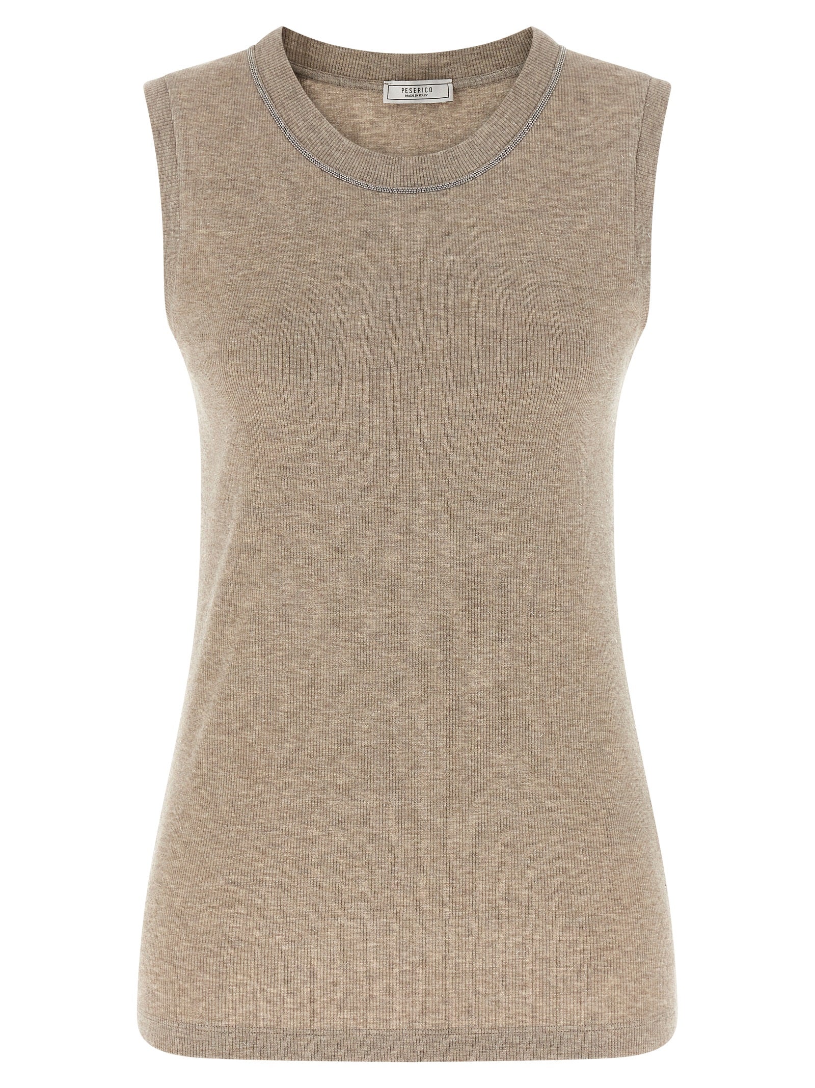 T-Shirt by Peserico for women in viscose beige showcases a unassuming silhouette, artfully detailed with a refined crew neckline and unassuming sleeveless for a sophisticated, contemporary look.