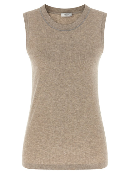 T-Shirt by Peserico for women in viscose beige showcases a unassuming silhouette, artfully detailed with a refined crew neckline and unassuming sleeveless for a sophisticated, contemporary look.
