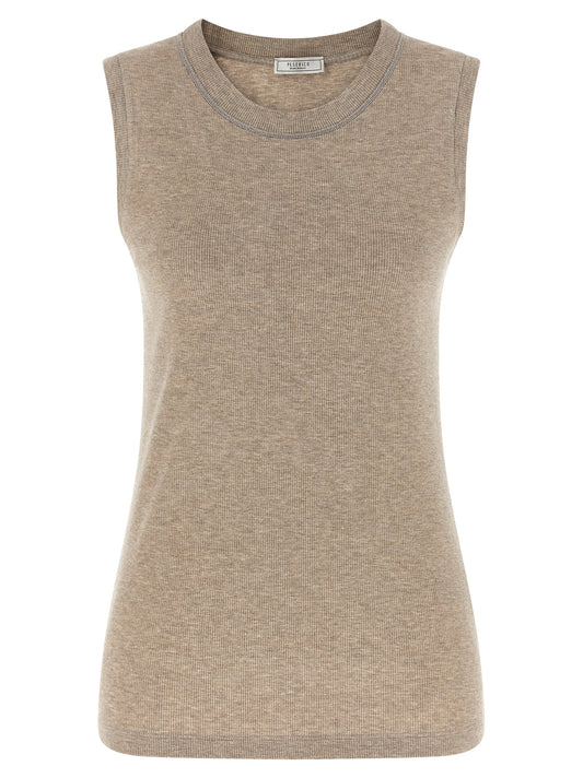 T-Shirt by Peserico for women in viscose beige showcases a unassuming silhouette, artfully detailed with a refined crew neckline and unassuming sleeveless for a sophisticated, contemporary look.