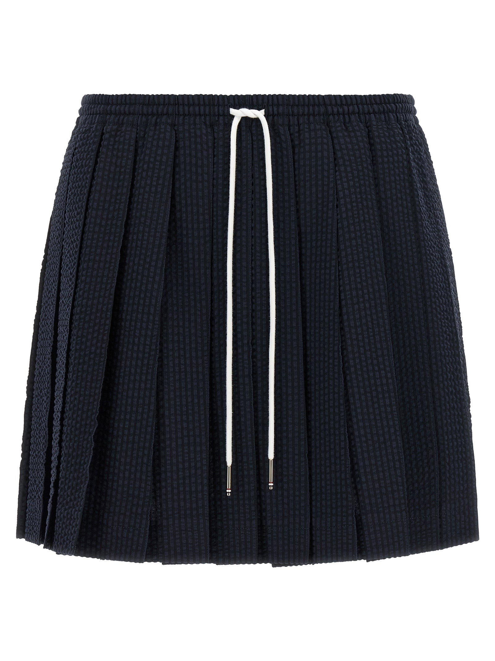 Skirt by Thom Browne for women in wool blue & striped features a captivating silhouette, showcasing the captivating Women's Pleated Flared Wool Mini Long Skirt design with a sophisticated mini long for a captivating look.