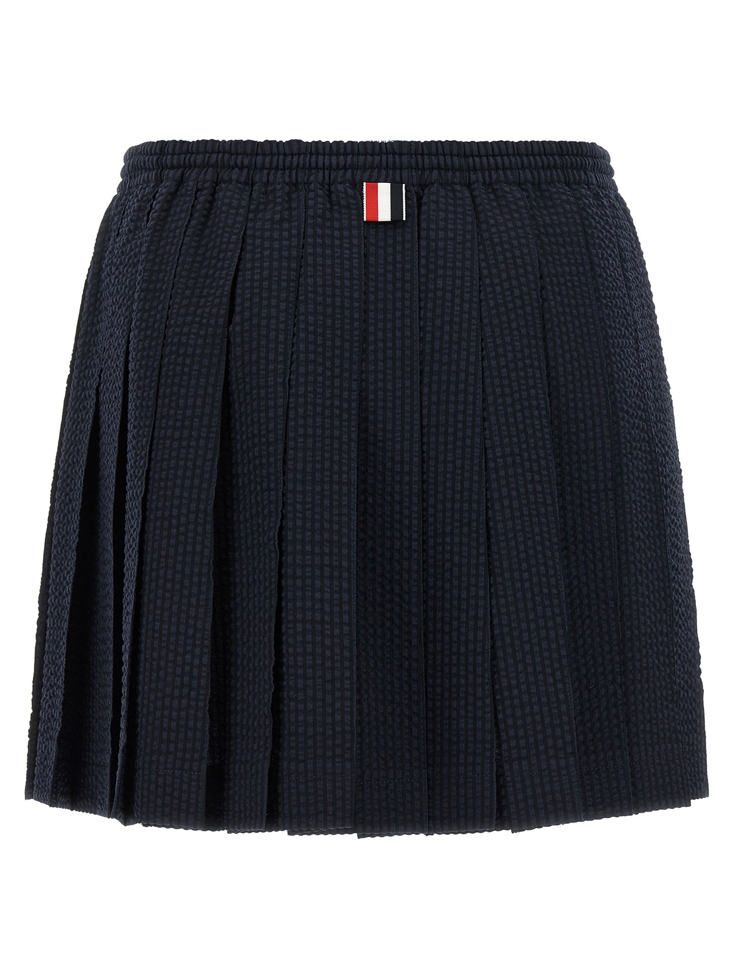 Skirt by Thom Browne for women in wool blue & striped features a sublime silhouette, showcasing the sublime design of the Women's Pleated Flared Wool Mini Long Skirt in a sophisticated mini long.