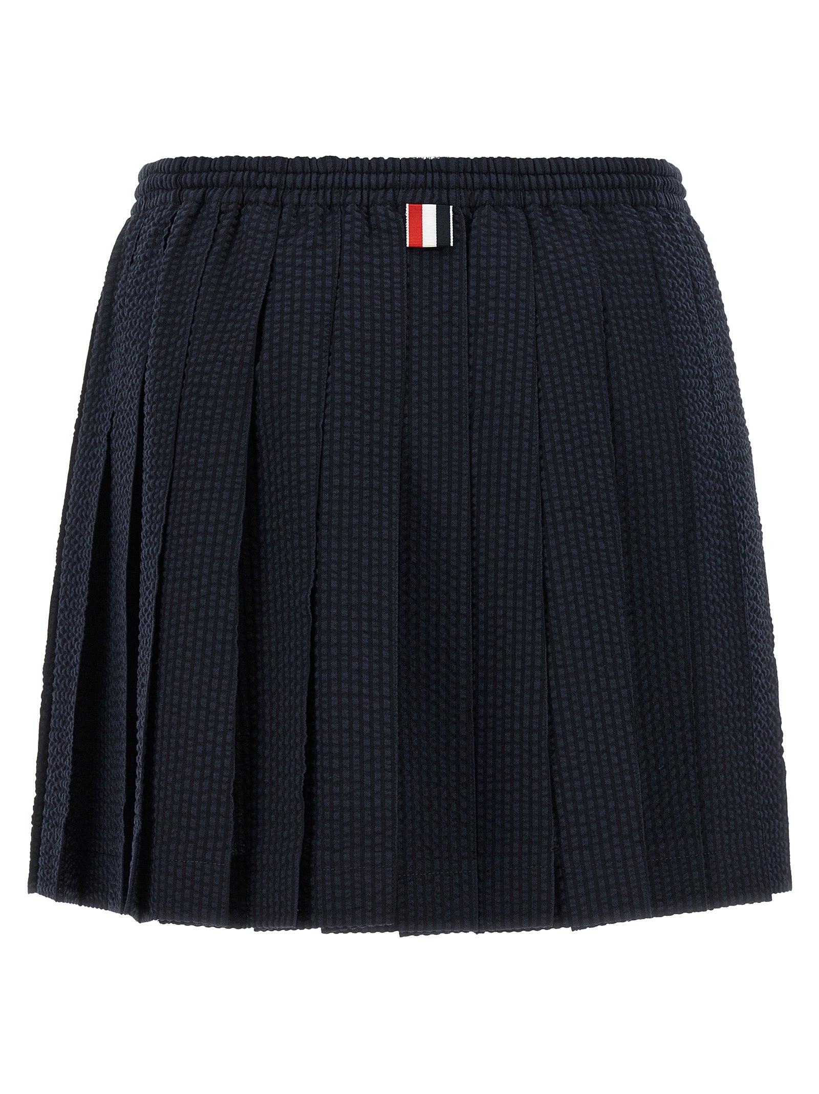 Skirt by Thom Browne for women in wool blue & striped features a sublime silhouette, showcasing the sublime design of the Women's Pleated Flared Wool Mini Long Skirt in a sophisticated mini long.