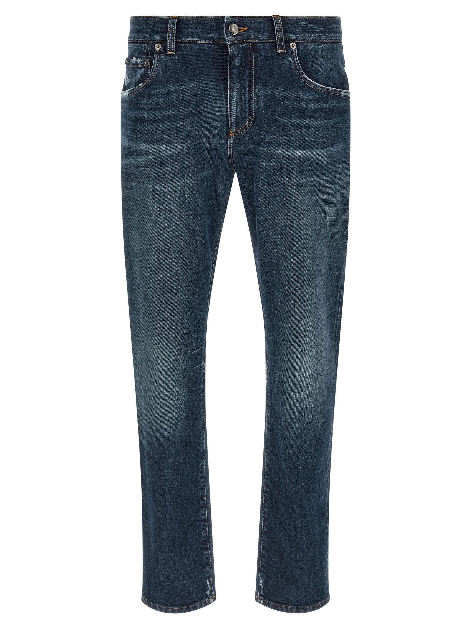 Jeans by Dolce & Gabbana for men in stretch denim cotton blue presents a tailored silhouette, showcasing a tailored and long cut with a refined low rise for a truly tailored aesthetic.