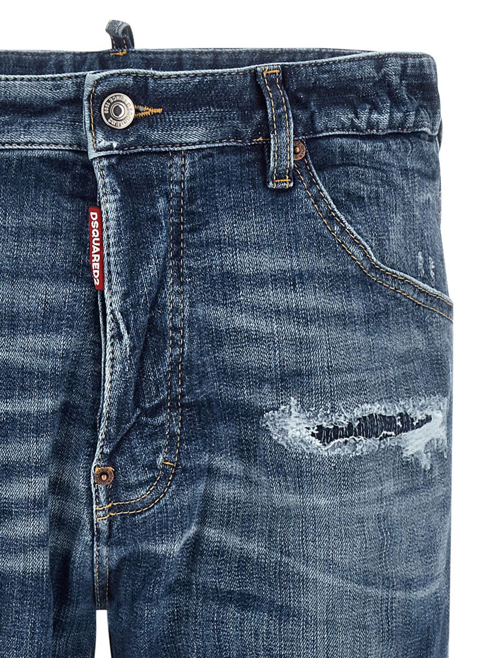 Jeans by Dsquared² for men in stretch polyester denim cotton blue features a polished silhouette with a polished slim, reaching a polished long and finished with a polished .