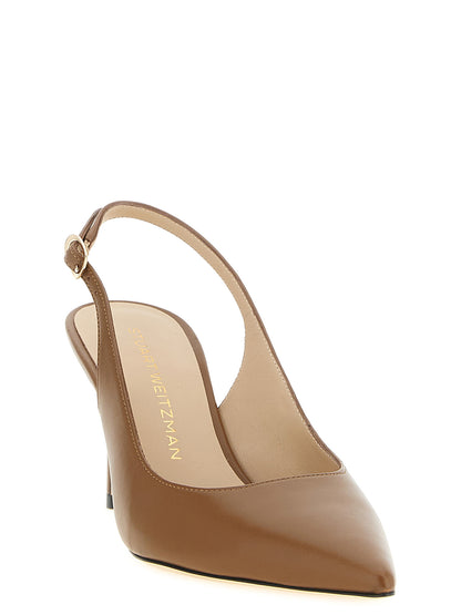 Mid-Heel Stiletto Slingback Pumps Heels by Stuart Weitzman for women in calfskin leather brown features a effortless chic silhouette, showcasing the Women's Calfskin Leather Mid-Heel Stiletto Slingback Pumps Heels design with a effortless chic stiletto mid-heel and for a effortless chic finish.