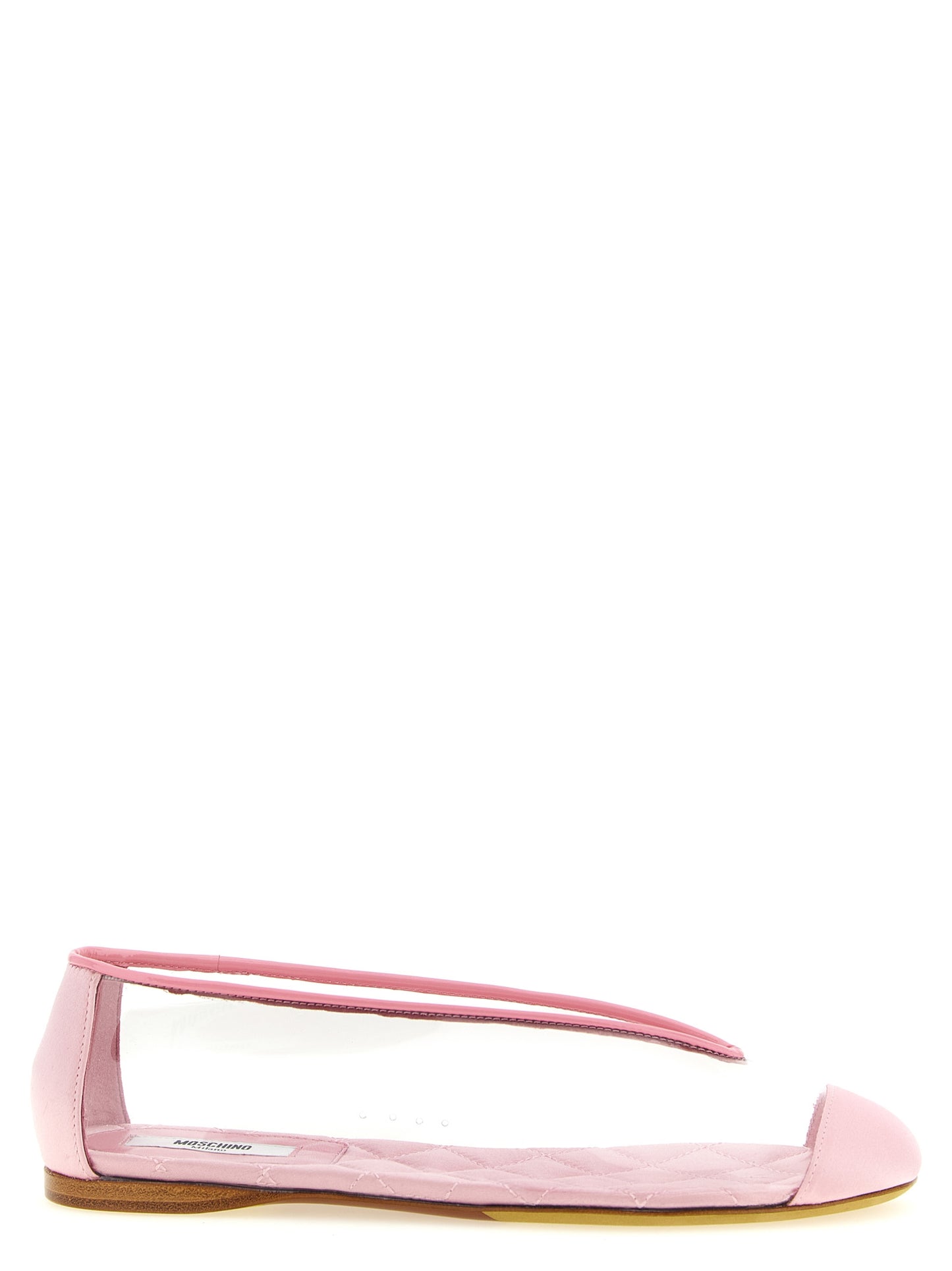 Ballet Flat Shoes by Moschino for women in viscose satin silk pvc leather multicolor & pink showcases a resplendent Women's Viscose Satin Silk PVC Leather Ballet Flat Shoes aesthetic with a and .