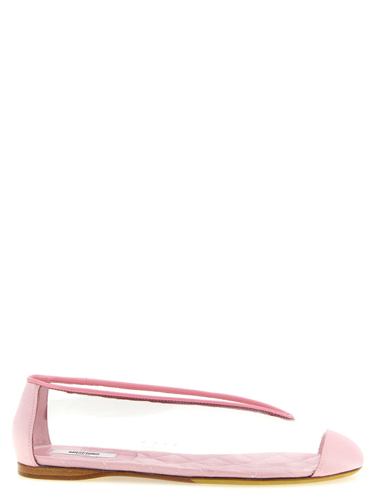 Ballet Flat Shoes by Moschino for women in viscose satin silk pvc leather multicolor & pink showcases a resplendent Women's Viscose Satin Silk PVC Leather Ballet Flat Shoes aesthetic with a and .