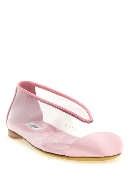 Ballet Flat Shoes by Moschino for women in viscose satin silk pvc leather multicolor & pink showcases a enchanting silhouette as part of the Women's Viscose Satin Silk PVC Leather Ballet Flat Shoes collection, defined by a enchanting and for a enchanting look.