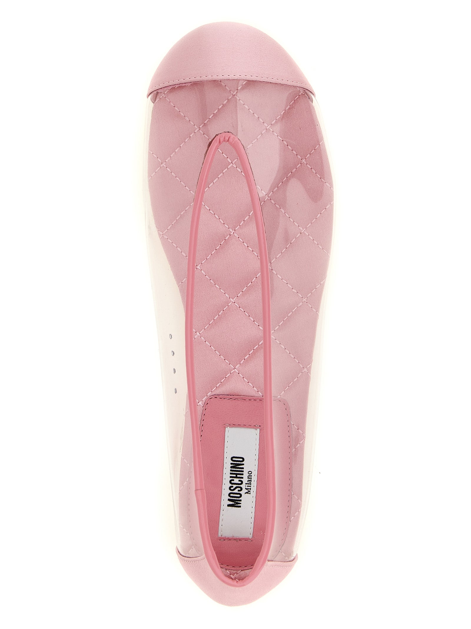 Ballet Flat Shoes by Moschino for women in viscose satin silk pvc leather multicolor & pink presents a impeccable silhouette as Women's Viscose Satin Silk PVC Leather Ballet Flat Shoes, artfully designed with a and a impeccable for a refined, upscale finish.