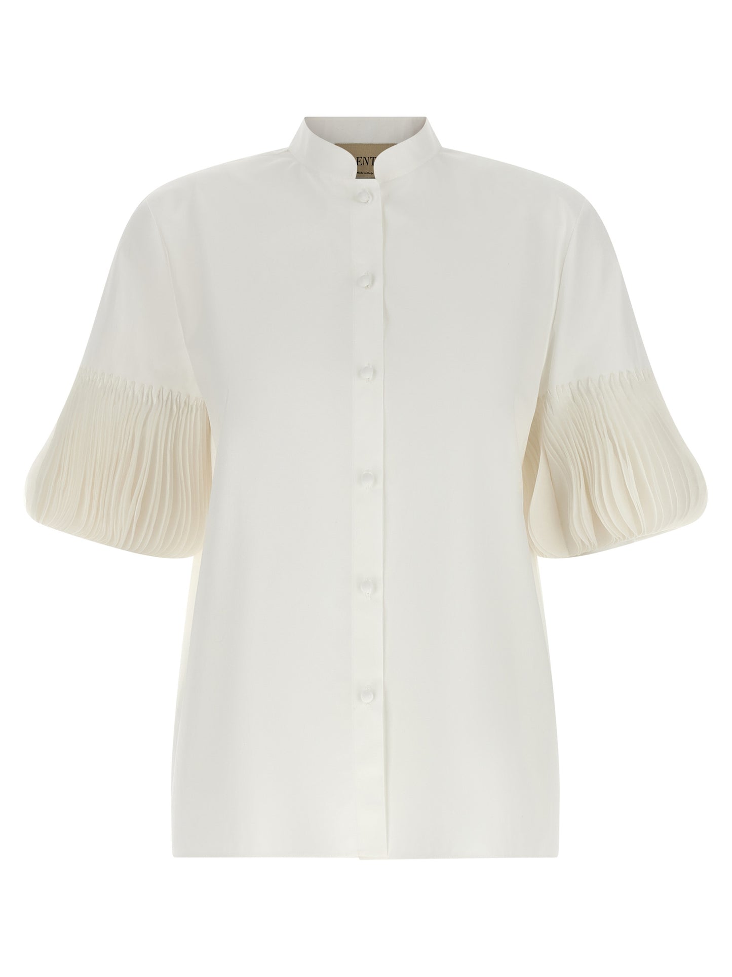 Blouse by Valentino Garavani for women in cotton white & patterned showcases a sharp silhouette, elegantly detailed with a sharp mandarin neckline and sharp short-sleeve.