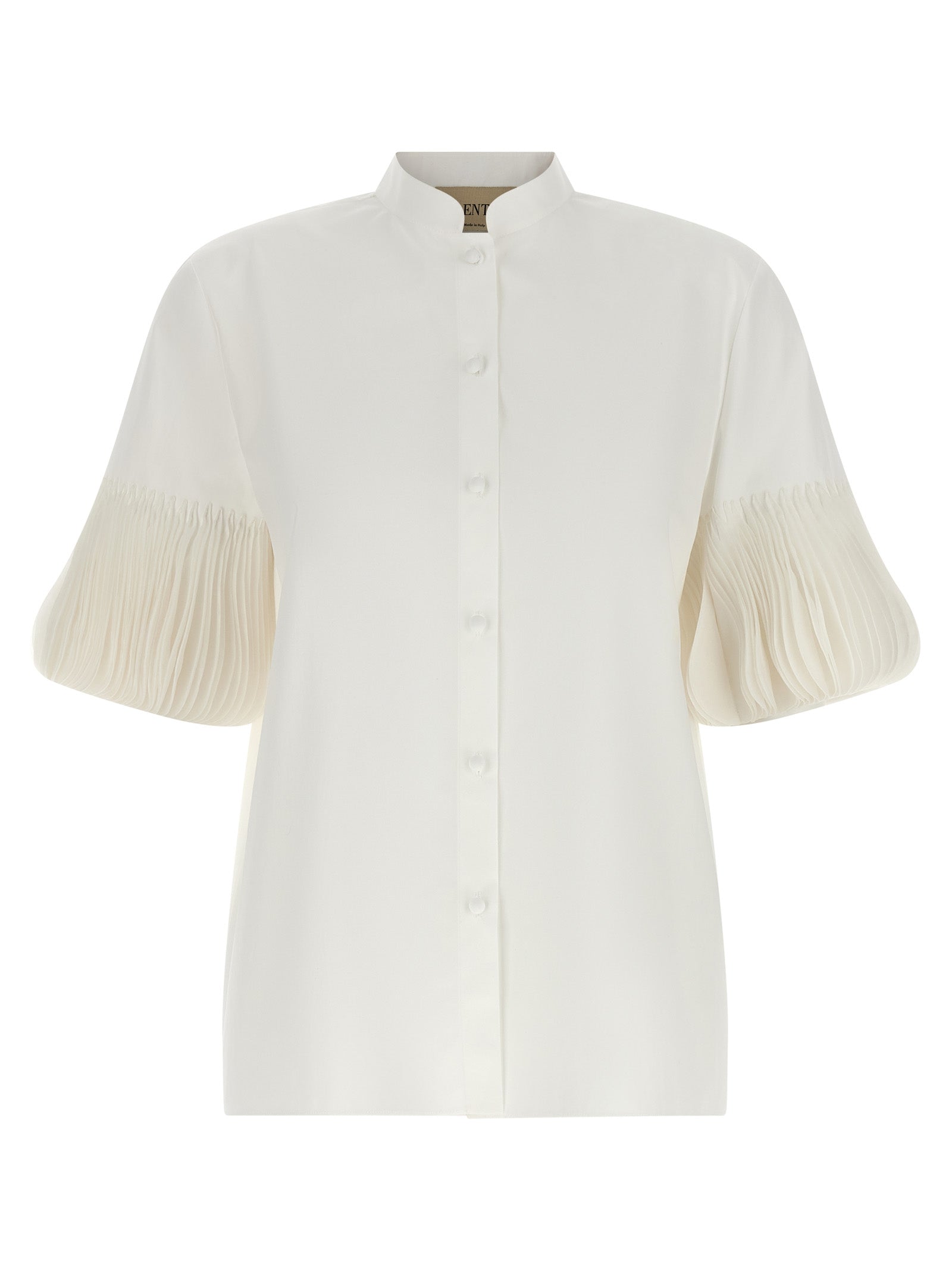Blouse by Valentino Garavani for women in cotton white & patterned showcases a sharp silhouette, elegantly detailed with a sharp mandarin neckline and sharp short-sleeve.