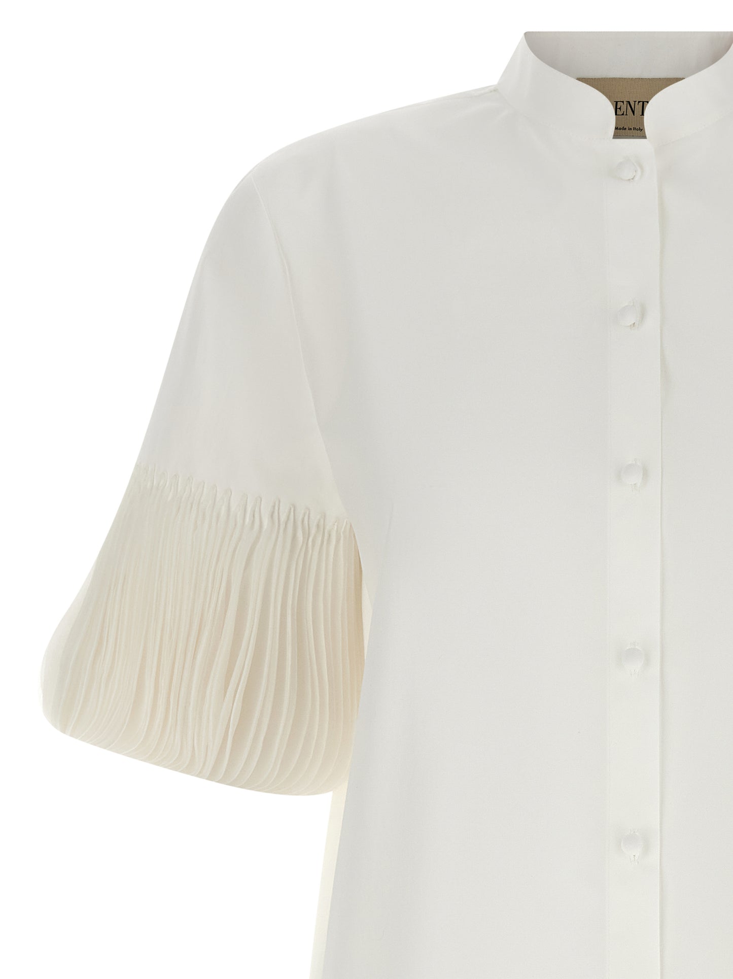 Blouse by Valentino Garavani for women in cotton white & patterned features an architectural silhouette with a refined and elegant mandarin neckline for a architectural look.