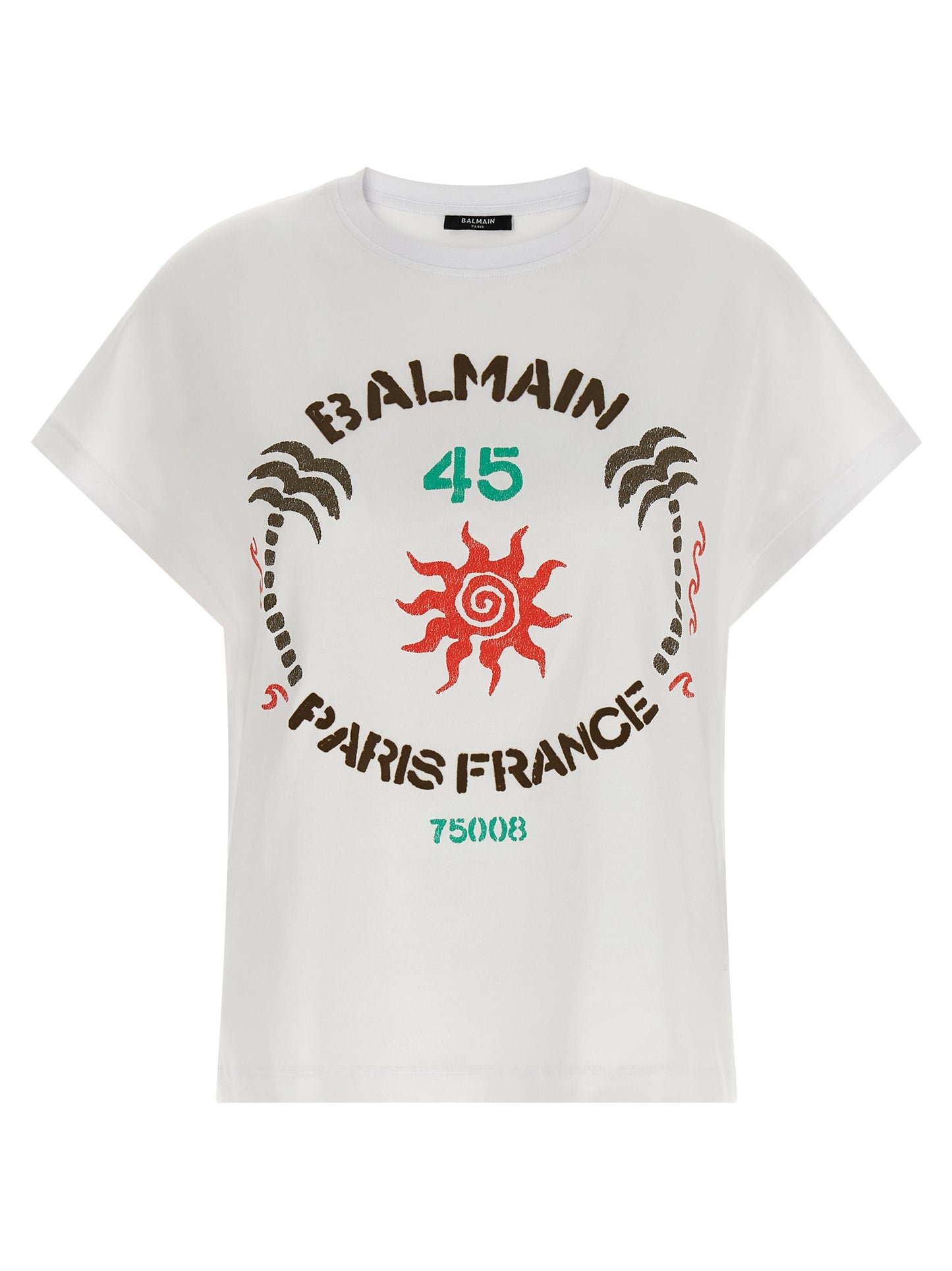 T-Shirt by Balmain for women in cotton white & print features an edgy silhouette, meticulously detailed with a sophisticated sleeveless and for a truly edgy finish.