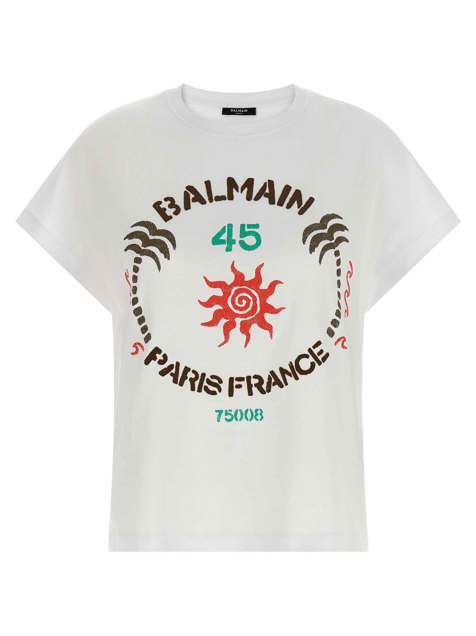 T-Shirt by Balmain for women in cotton white & print features an edgy silhouette, meticulously detailed with a sophisticated sleeveless and for a truly edgy finish.
