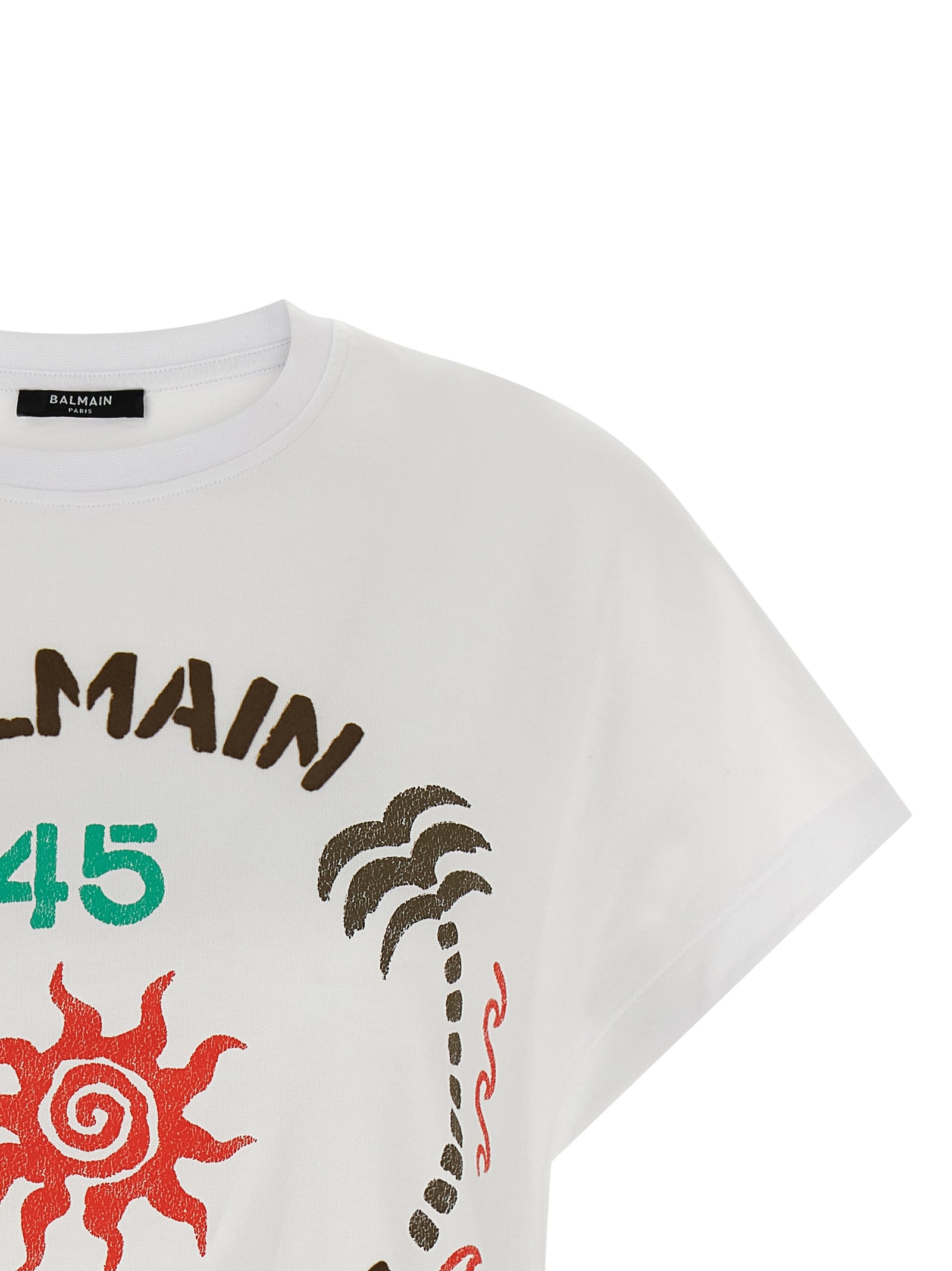 T-Shirt by Balmain for women in cotton white & print features an edgy silhouette, meticulously detailed with a sophisticated and for a truly edgy finish.