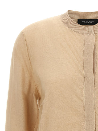 Cardigan by Fabiana Filippi for women in virgin wool & cotton brown presents a textural silhouette, artfully finished with a textural crew neckline and for a sophisticated, textural look.