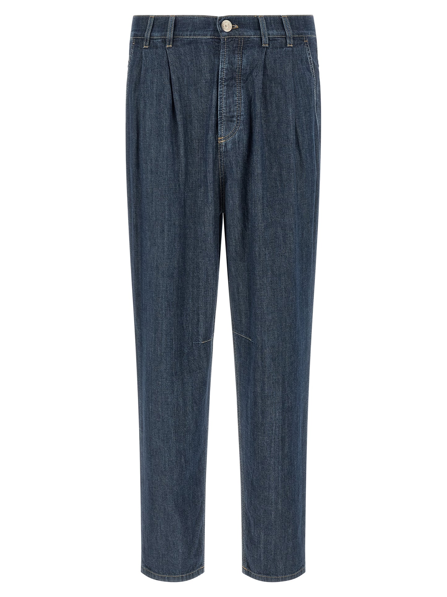Brunello Cucinelli Men's Straight Leg Denim Cotton & Suede Leather Jeans - Blue