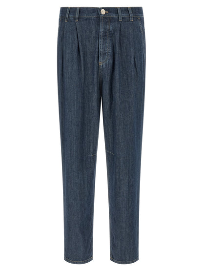 Brunello Cucinelli Men's Straight Leg Denim Cotton & Suede Leather Jeans - Blue