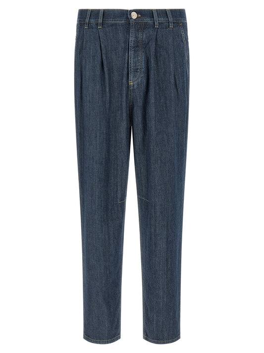 Brunello Cucinelli Men's Straight Leg Denim Cotton & Suede Leather Jeans - Blue