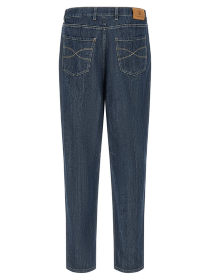 Brunello Cucinelli Men's Straight Leg Denim Cotton & Suede Leather Jeans - Blue